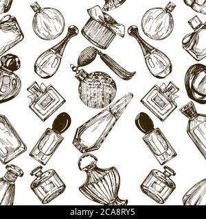 Seamless pattern of hand drawn sketch style bottles of perfume isolated on white background. Vector illustration. Stock Vector