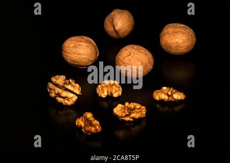 Set of walnuts isolated on black background. nut kernels and whole nuts. Stock Photo