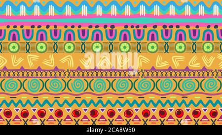 Fun vivid eye-catching unisex surface pattern in bright shades inspired by ethnic vibes with modern hand drawn elements for a commercial items and web Stock Vector