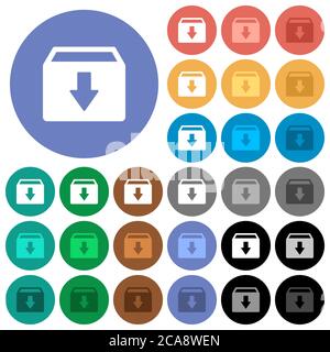 Archive multi colored flat icons on round backgrounds. Included white, light and dark icon variations for hover and active status effects, and bonus s Stock Vector