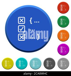 Source code checking round color beveled buttons with smooth surfaces and flat white icons Stock Vector