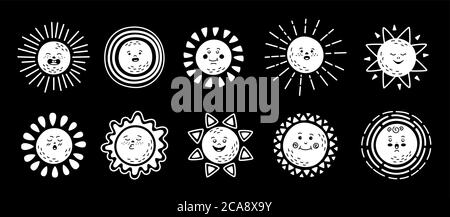 Weather black glyph set. Doodle hand drawn sun and clouds, rain or snow ...