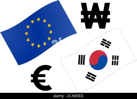 EURKRW forex currency pair vector illustration. EU and South Korean flag, with Euro and Won symbol. Stock Vector
