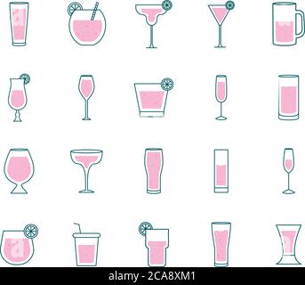 Cocktails glasses cups line and fill style bundle of icons design, Alcohol drink bar and beverage theme Vector illustration Stock Vector