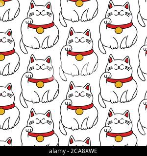 maneki neko seamless doodle pattern, vector illustration Stock Vector