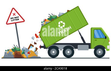truck throws garbage in the wrong place. pollution of nature. flat vector illustration Stock Vector