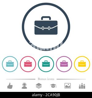 Satchel with two buckles flat color icons in round outlines. 6 bonus icons included. Stock Vector