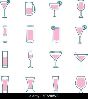 Cocktails glasses cups line and fill style icons collection design, Alcohol drink bar and beverage theme Vector illustration Stock Vector