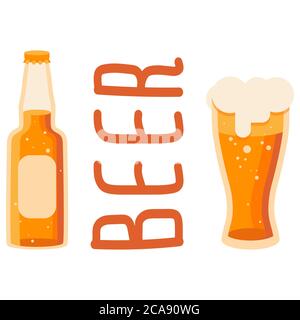 Bottle and glass of beer on white isolated backdrop. Brewery for invitation or gift card, notebook, craft beer shop logo, scrapbook. Phone case or clo Stock Vector