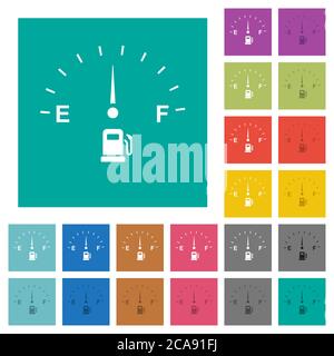Fuel indicator multi colored flat icons on plain square backgrounds. Included white and darker icon variations for hover or active effects. Stock Vector