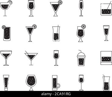 Cocktails glasses cups silhouette style icons bundle design, Alcohol drink bar and beverage theme Vector illustration Stock Vector