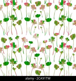 Green and red flowers on the white background. Watercolor flowers. Seamless pattern. Hand painted background. Stock Photo