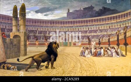 The Christian Martyrs, last prayer, (Christians and lions in a Roman Arena), painting by Jean Léon Gérôme, 1863-1883 Stock Photo