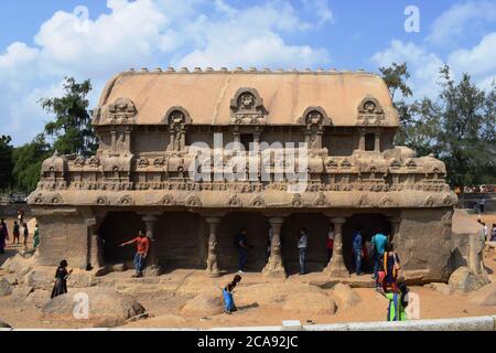 Famous Tamil Nadu landmark Mahabalipuram on 28 Dec 2019 - Shore temple, world heritage site in Mahabalipuram,South India, Tamil Nadu, Mahabalipuram Stock Photo