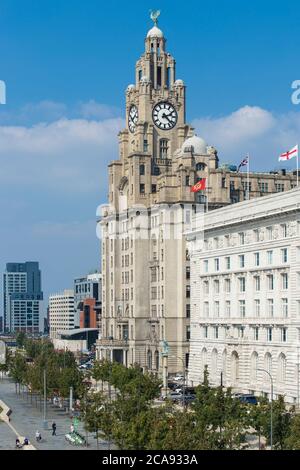 Pier Head, view of the Three Graces Buildings, UNESCO World Heritage Site, Liverpool, Merseyside, England, United Kingdom, Europe Stock Photo