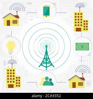 Homes and offices connected to a central communication tower and interconnected Stock Vector
