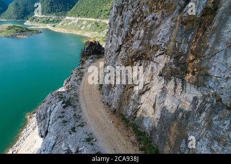 aerial view of tough high mountain road Stock Photo