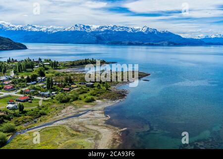 Aerial view of Puerto Guadal, Laguna San Rafael National Park, Aysen Region, Patagonia, Chile, South America Stock Photo