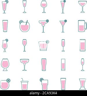 Cocktails glasses cups line and fill style icons group design, Alcohol drink bar and beverage theme Vector illustration Stock Vector