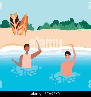 boys cartoons with swimsuit in the sea in front of the beach with shrubs design, Summer vacation tropical and relaxation theme Vector illustration Stock Vector