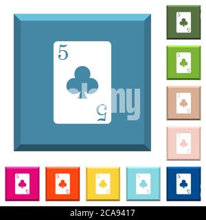 five of clubs card white icons on edged square buttons in various trendy colors Stock Vector