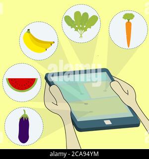Fruits and vegetables in tablet: eggplant, banana, watermelon, arugula, carrot. Surfing the tablet. Stock Vector