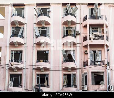 Achrafieh/Beirut, Lebanon, 5th August, 2020. Building with shattered doors and windows from a massive explosion on August 4 in Mar Mikhael neighborhood. Credit: Joseph Khoury/Alamy Live News Stock Photo