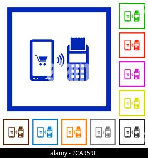 Mobile payment flat color icons in square frames on white background Stock Vector