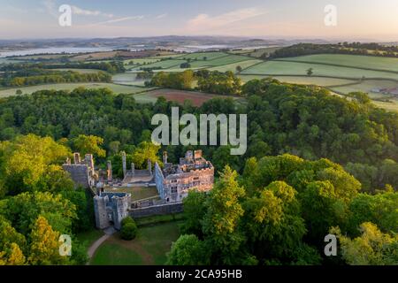 Aerial photograph of Berry Pomeroy Castle at dawn in spring, Devon, England, United Kingdom, Europe