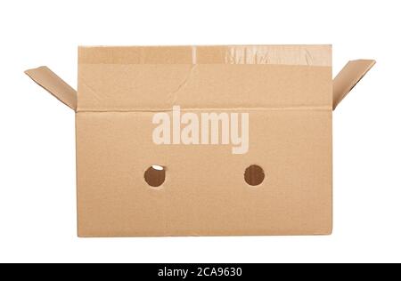 open rectangular box made of brown corrugated cardboard isolated on a white background, close up Stock Photo