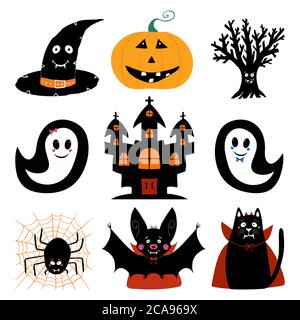 Jack o lantern, witch hat, dry tree, ghost, castle, bat, cat, spider. Halloween characters set. Isolated on white background. Vector stock Stock Vector