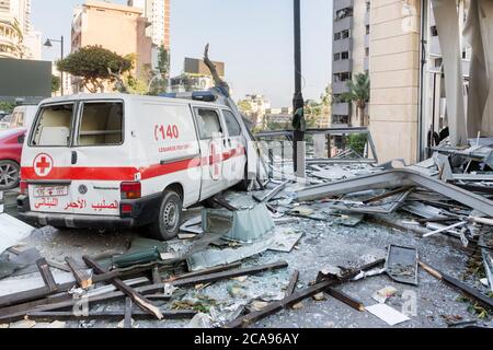 Achrafieh/Beirut, Lebanon, 5th August, 2020. Red Cross vehicle destroyed after a massive explosion shook Beirut on August 4 in Mar Mikhael neighborhood. Credit: Joseph Khoury/Alamy Live News Stock Photo