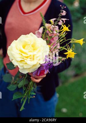 Hand held country flower bouquet with Rose 'Elina' Stock Photo