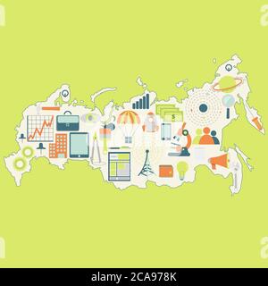 Contour map of Russia with icons of technology, business, science, communication Stock Vector