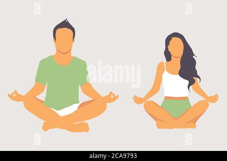Calm couple meditating, sitting on lotus pose at home. Yoga concept. Stock Vector
