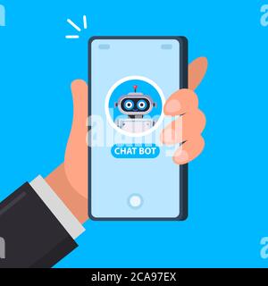 Cute chat bot on the phone. start a conversation in the application. flat vector illustration. Stock Vector