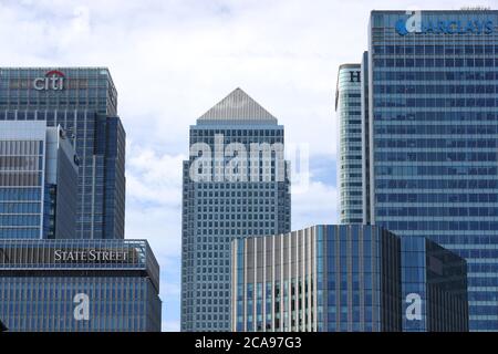 A general view of the Canary Wharf skyline, seen from Blackwall Basin, including the offices of HSBC, Barclays, State Street, Citi Bank, and the One Canada Square building. Stock Photo
