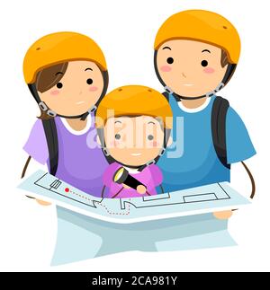 Illustration of a Stickman Kid Girl with Parents Wearing Helmet and Reading an Emergency Escape Map Stock Photo