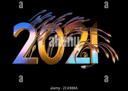 Happiness for the New Year 2021 lettering made by metal. with sharp spikes Isolated on black background 3d illustration Selective focus macro shot Stock Photo