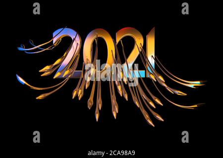 Happiness for the New Year 2021 lettering made by metal cast and lit by blue and orange light. The surface is covered with sharp spikes Isolated on Stock Photo