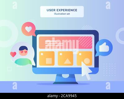 User experience illustration set wireframe ui on computer screen background of feedback like heart with flat style Stock Vector