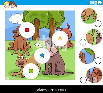 Cartoon Illustration of Educational Match the Pieces Jigsaw Puzzle Game for Children with Dogs Animal Characters Group Stock Vector