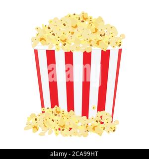 Paper cup with popcorn. Striped popcorn cardboard bucket. Vector Stock Vector