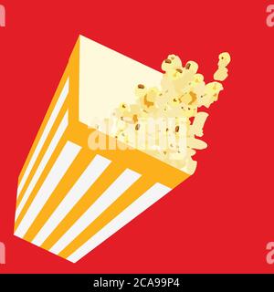 Paper cup with popcorn on red background. Striped popcorn cardboard bucket. Vector Stock Vector