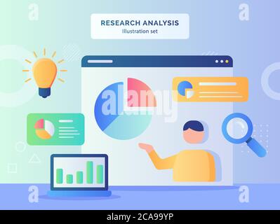 Research analysis illustration set men analyzing data on computer screen background of lupe magnifying pie chart bulb idea with flat style. Stock Vector