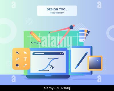 Design tool illustration set line pen tool on display monitor laptop background of compass drawn pencil pallet color toolbar tablet with flat style. Stock Vector