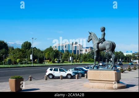 Horse rider monument at the Republic Square, Almaty, Kazakhstan, Central Asia Stock Photo