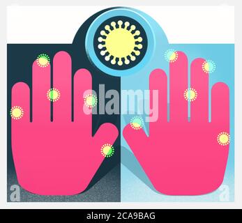 Hands with virus particles on them. Hand-washing illustration. Stock Photo