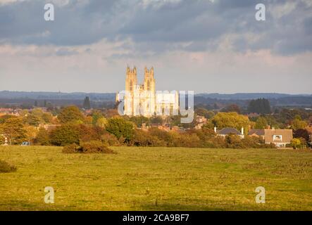 Autumn view across the Westwood, a historic common grazing area towards Beverley Minster in East Yorkshire Stock Photo