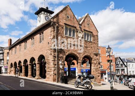 The old 17th century Market House built from red sandstone in town centre. High Street, Ross on Wye, Herefordshire, England, UK, Britain Stock Photo